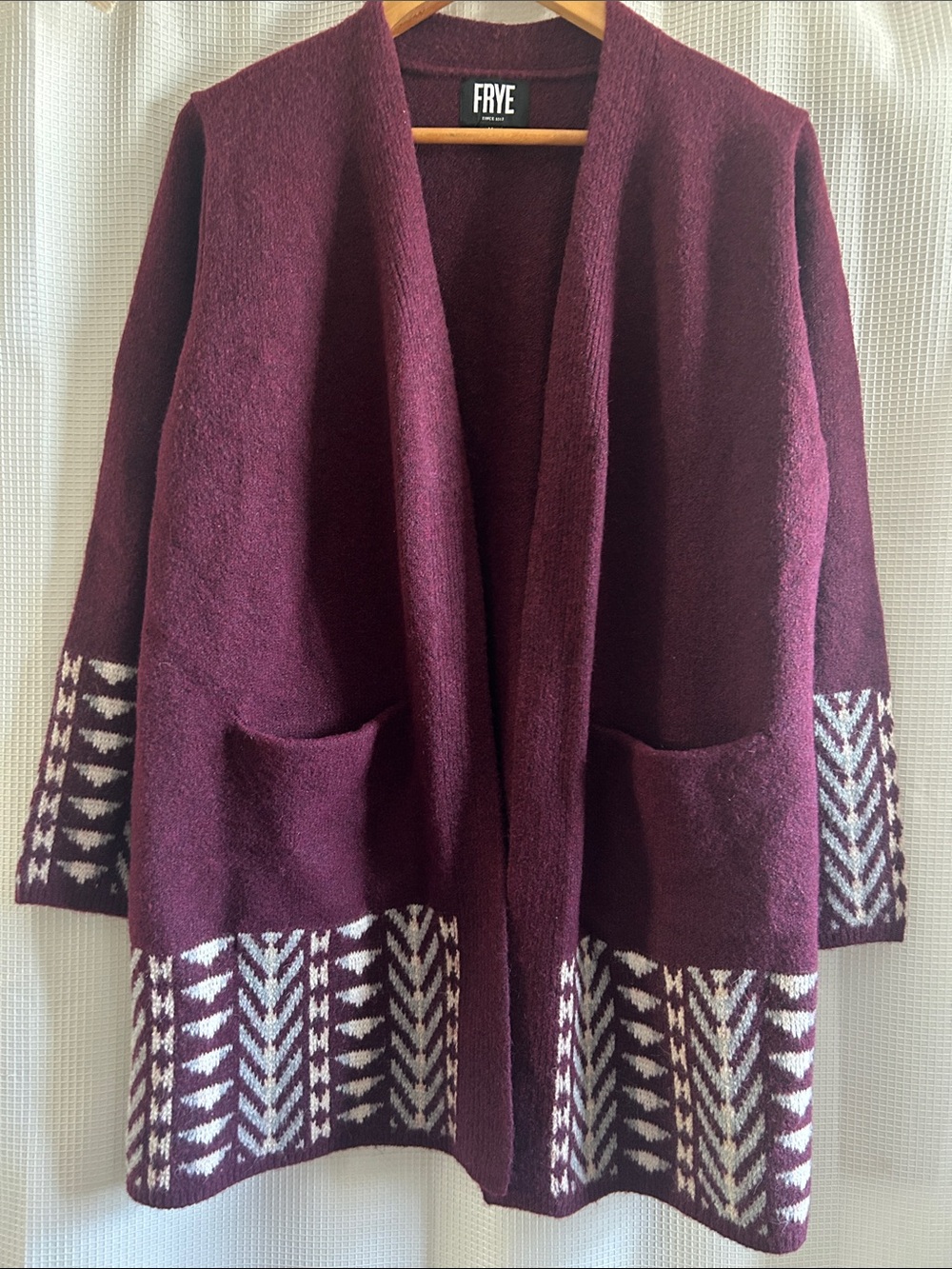 FRYE Plum Open-Front Cardigan Aztec Patterned Hem & CuffsNWOT, cozy western